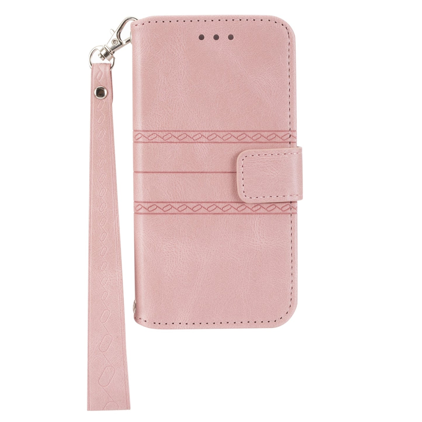 For iPhone 16e Embossed Stripes Skin Feel Leather Phone Case(Pink)