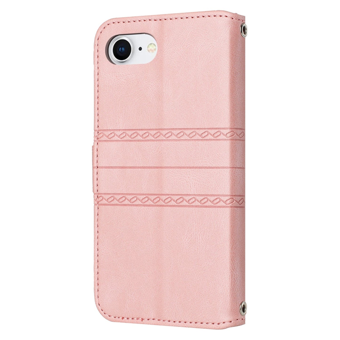 For iPhone 16e Embossed Stripes Skin Feel Leather Phone Case(Pink)
