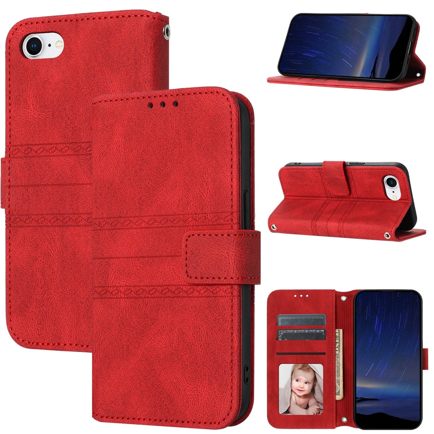 For iPhone 16e Embossed Stripes Skin Feel Leather Phone Case(Red)