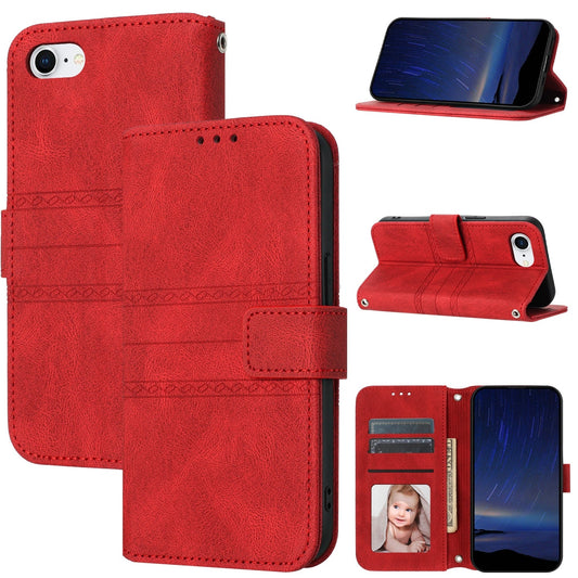 For iPhone 16e Embossed Stripes Skin Feel Leather Phone Case(Red)