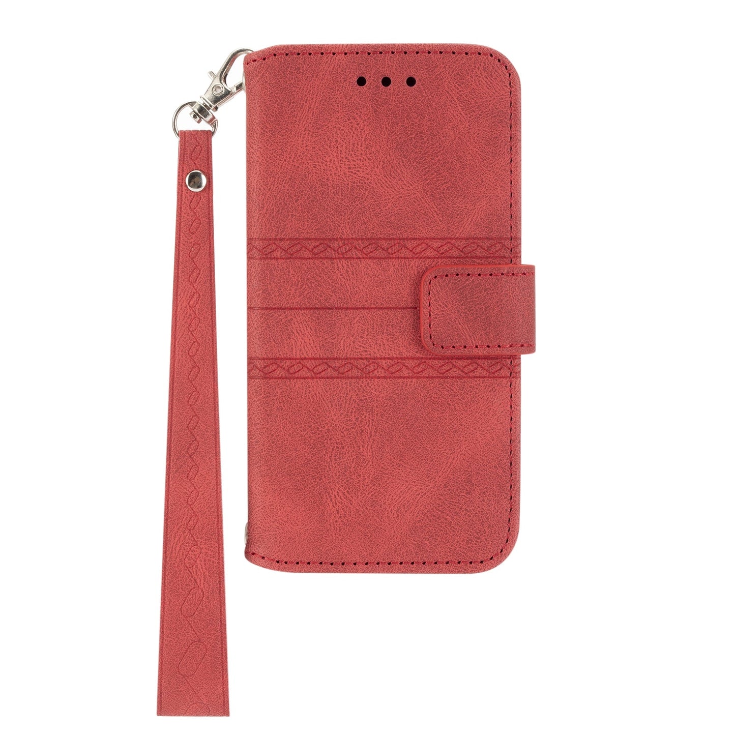 For iPhone 16e Embossed Stripes Skin Feel Leather Phone Case(Red)