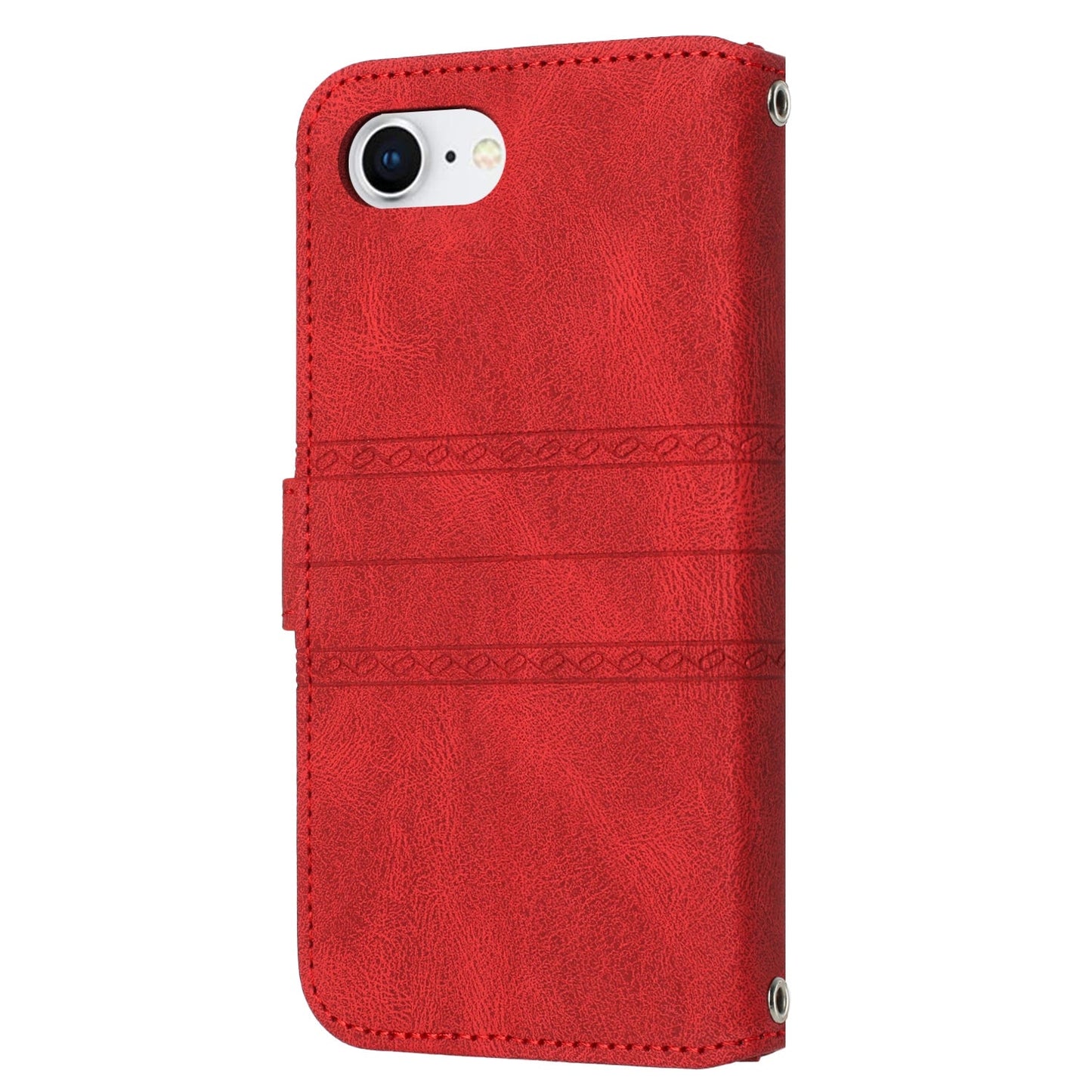 For iPhone 16e Embossed Stripes Skin Feel Leather Phone Case(Red)