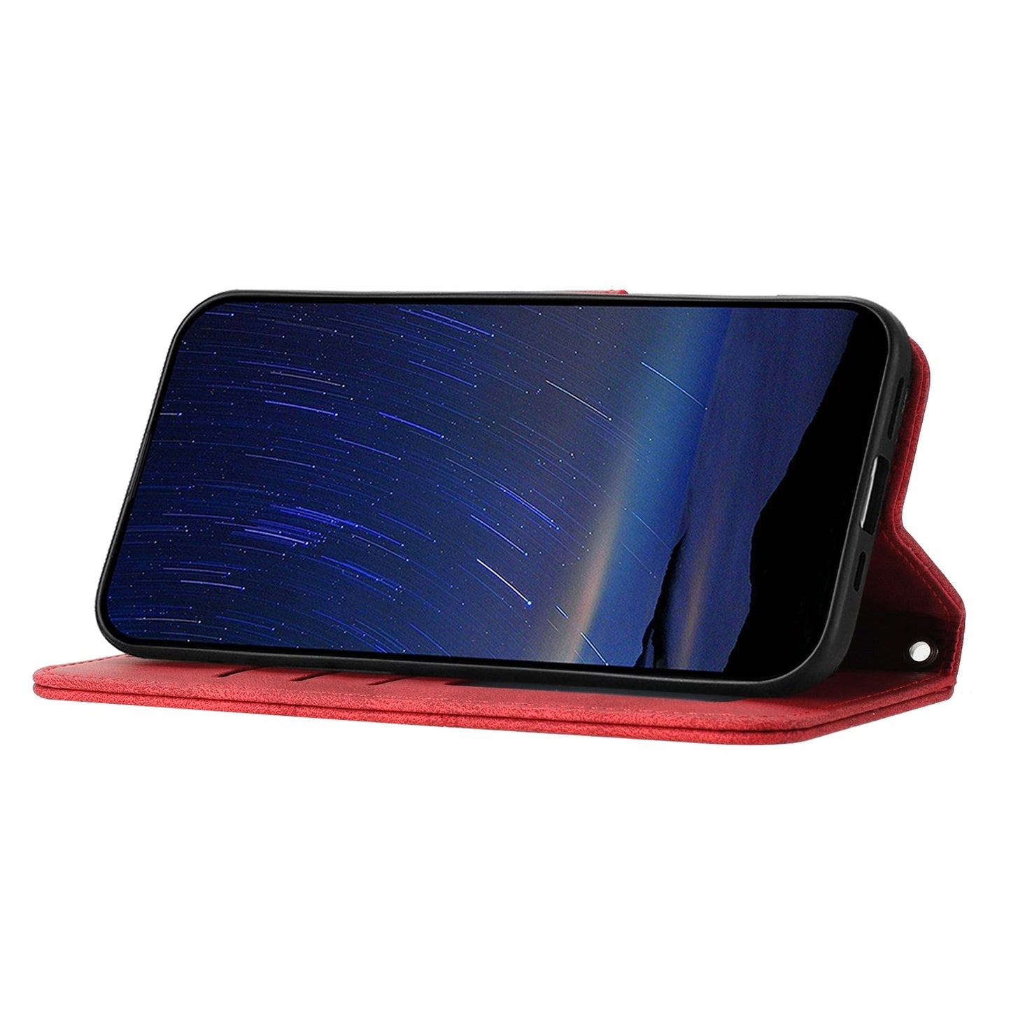 For iPhone 16e Embossed Stripes Skin Feel Leather Phone Case(Red)