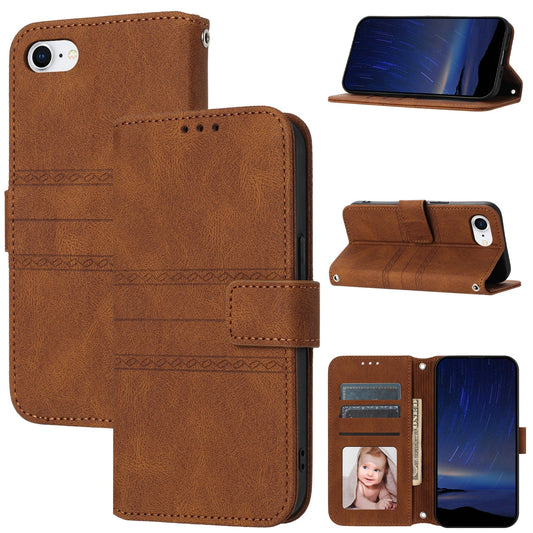 For iPhone 16e Embossed Stripes Skin Feel Leather Phone Case(Brown)
