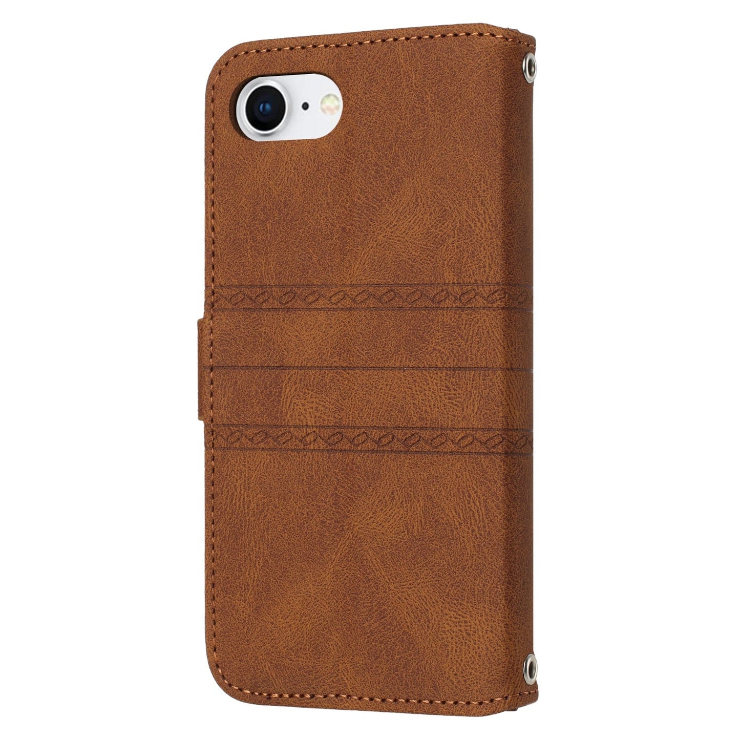 For iPhone 16e Embossed Stripes Skin Feel Leather Phone Case(Brown)