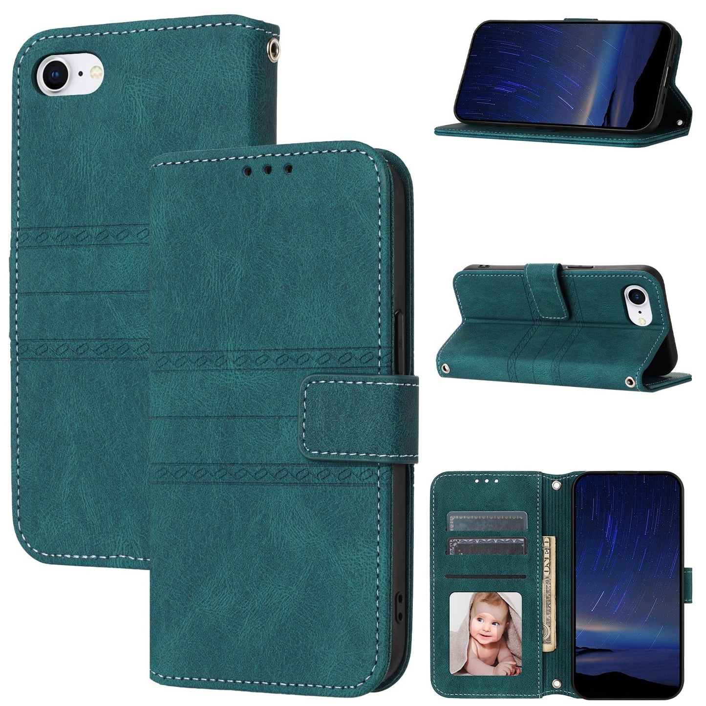 For iPhone 16e Embossed Stripes Skin Feel Leather Phone Case(Dark Green)