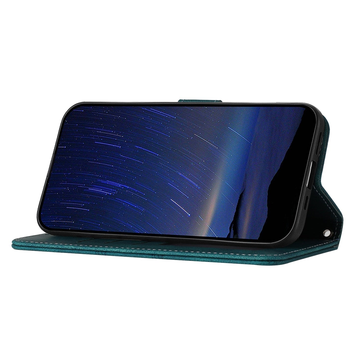 For iPhone 16e Embossed Stripes Skin Feel Leather Phone Case(Dark Green)