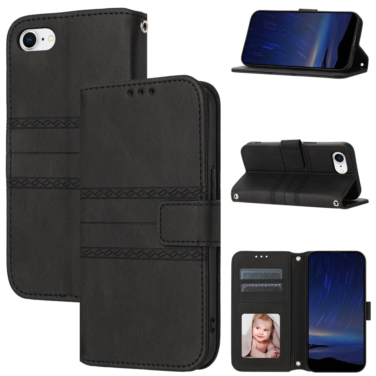 For iPhone 16e Embossed Stripes Skin Feel Leather Phone Case(Black)