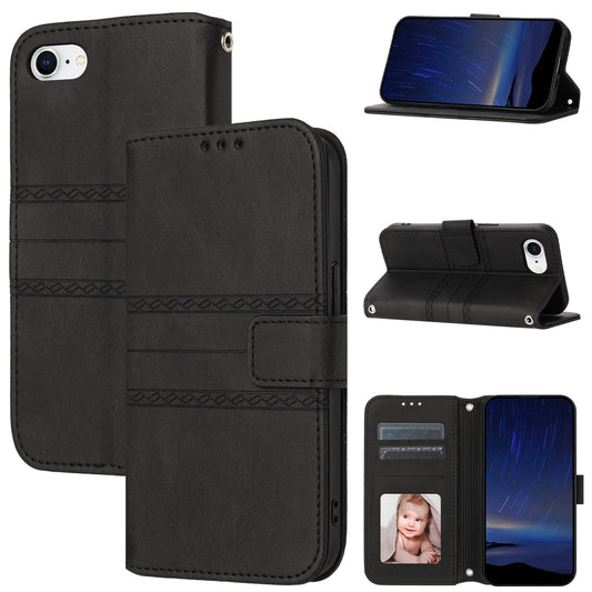 For iPhone 16e Embossed Stripes Skin Feel Leather Phone Case(Black)