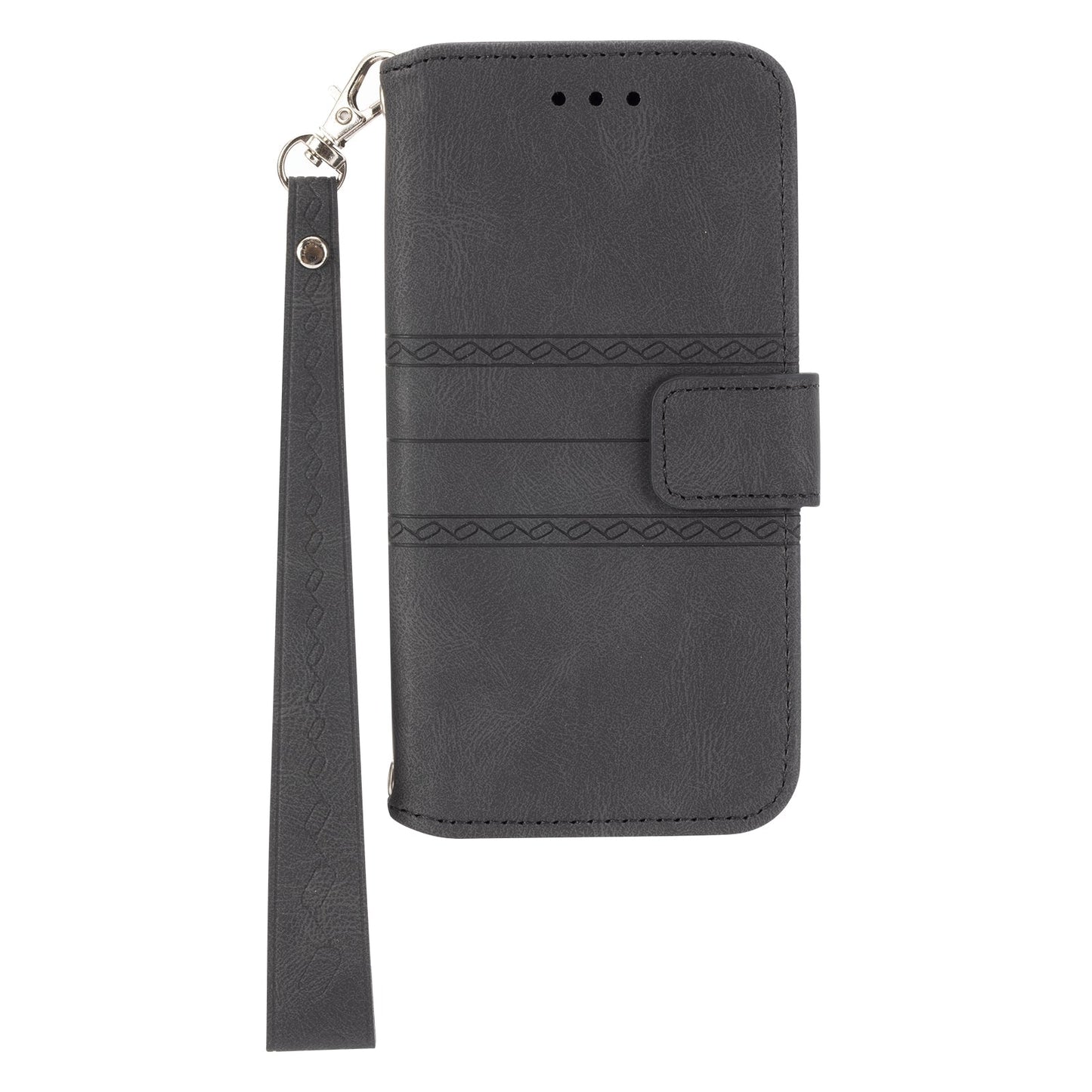 For iPhone 16e Embossed Stripes Skin Feel Leather Phone Case(Black)