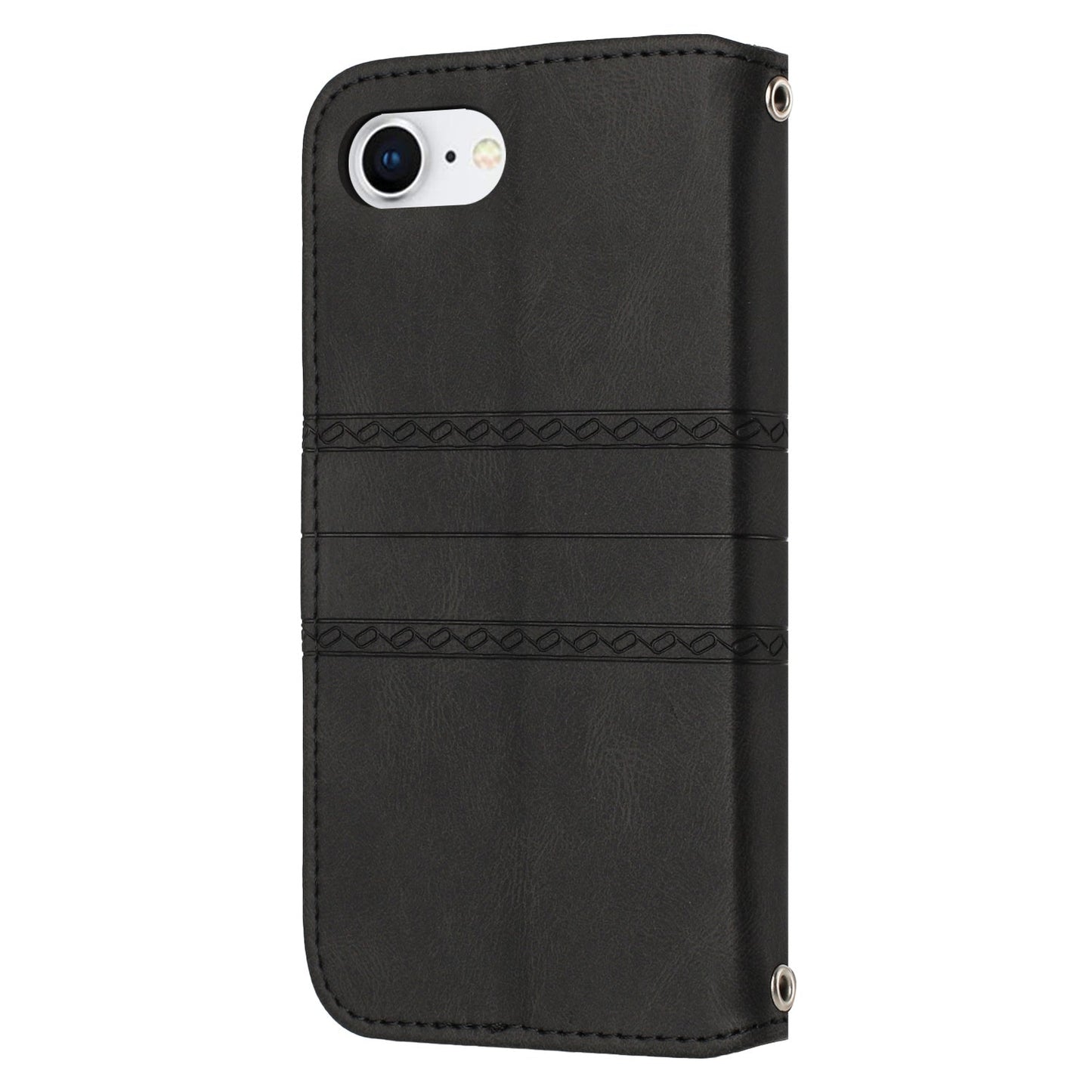 For iPhone 16e Embossed Stripes Skin Feel Leather Phone Case(Black)