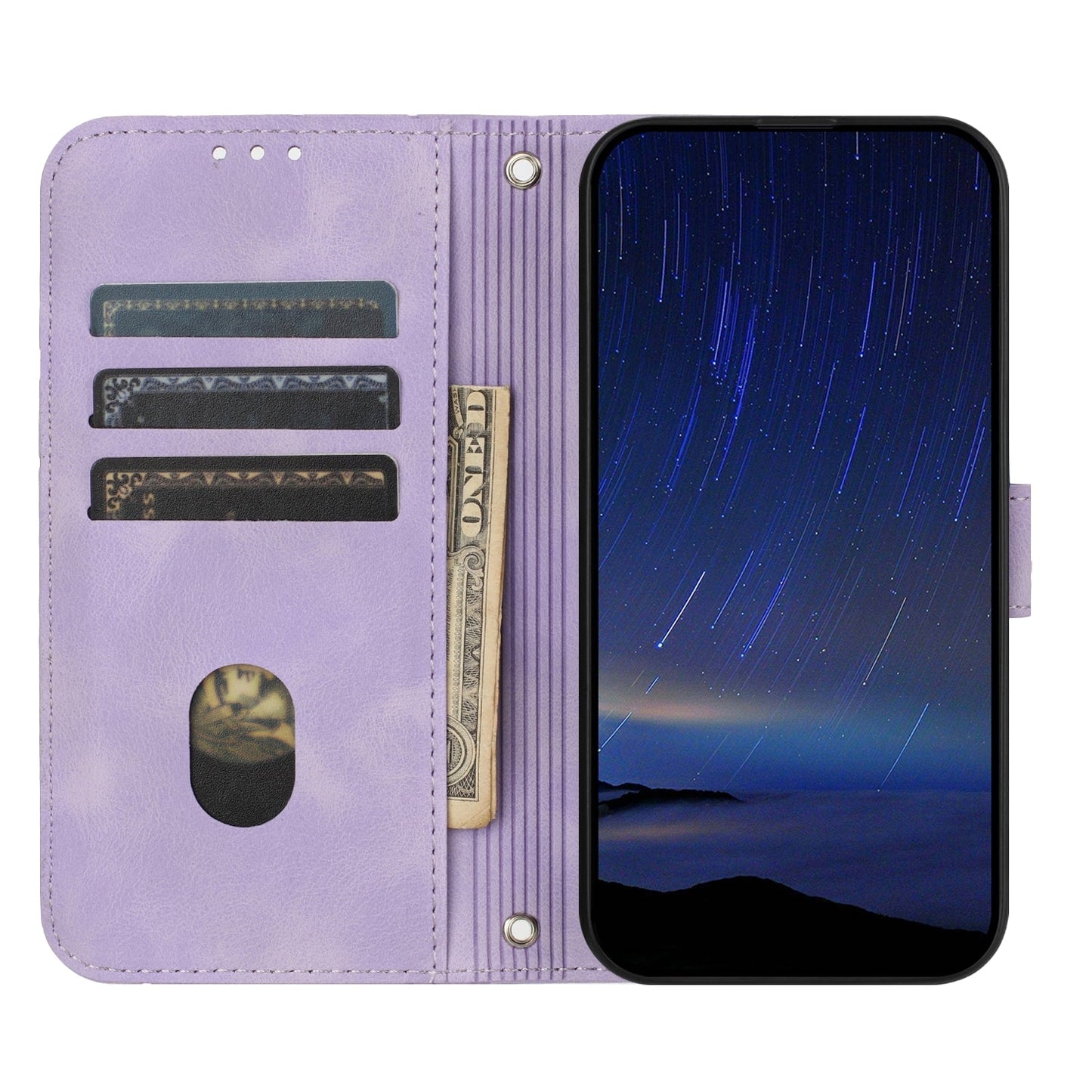 For iPhone 16e Embossed Line Leather Phone Case with Lanyard(Purple)