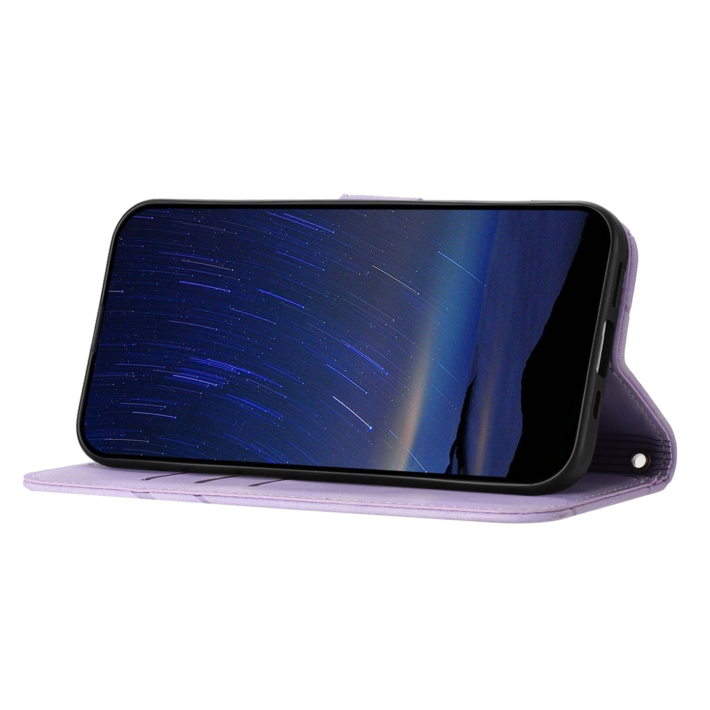 For iPhone 16e Embossed Line Leather Phone Case with Lanyard(Purple)