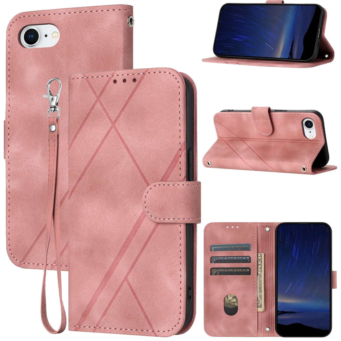 For iPhone 16e Embossed Line Leather Phone Case with Lanyard(Pink)