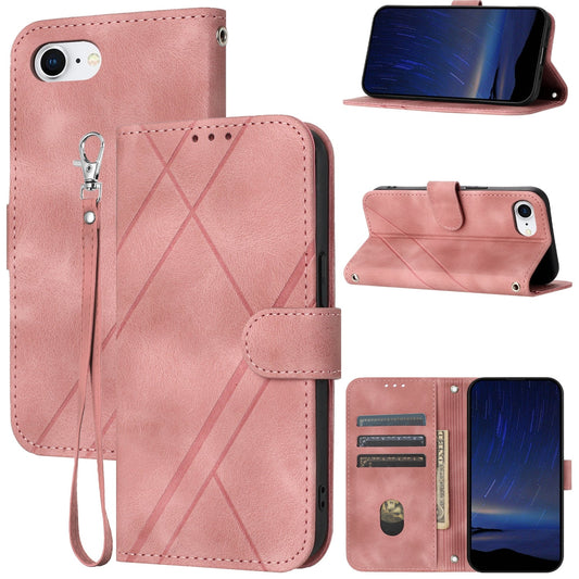 For iPhone 16e Embossed Line Leather Phone Case with Lanyard(Pink)