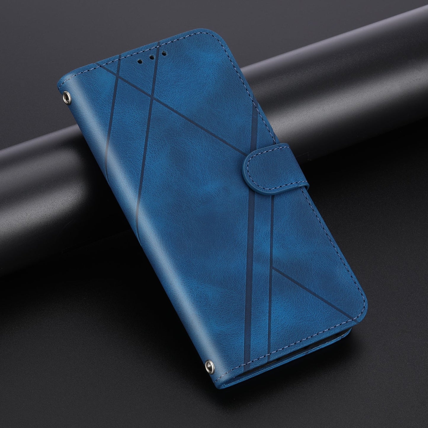 For iPhone 16e Embossed Line Leather Phone Case with Lanyard(Blue)