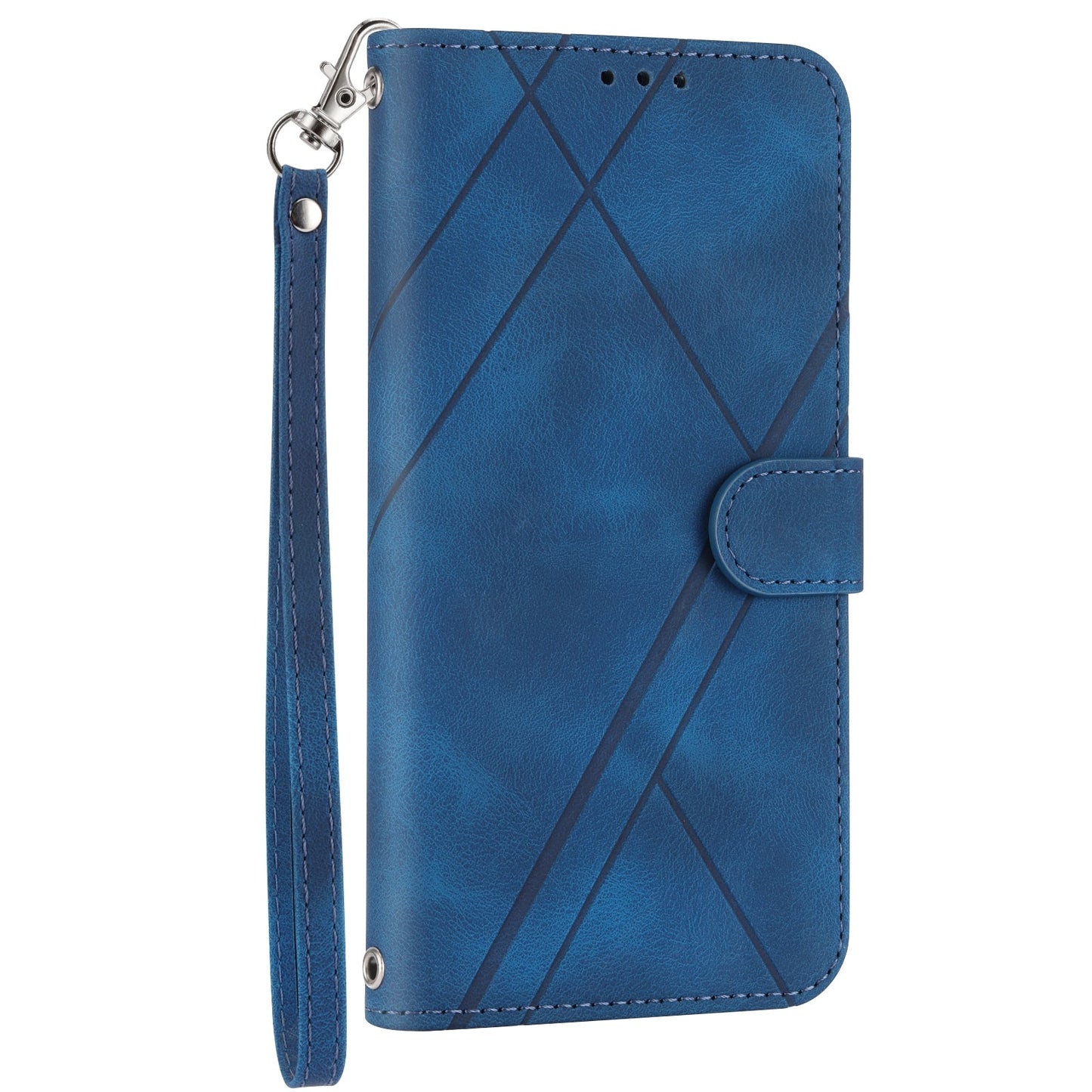 For iPhone 16e Embossed Line Leather Phone Case with Lanyard(Blue)