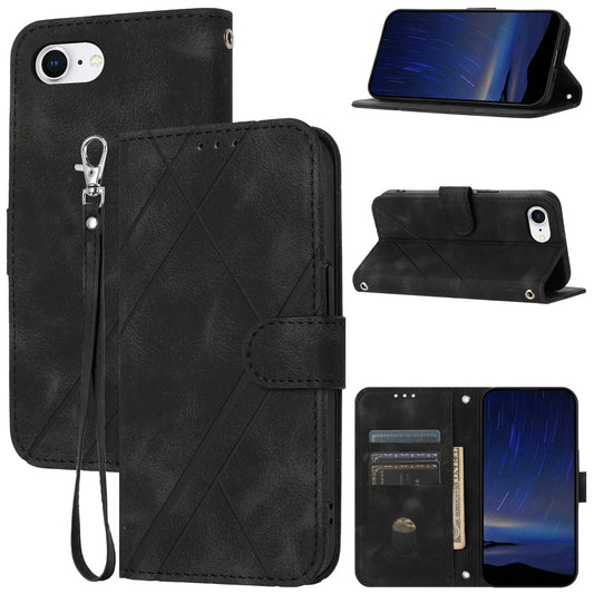 For iPhone 16e Embossed Line Leather Phone Case with Lanyard(Black)