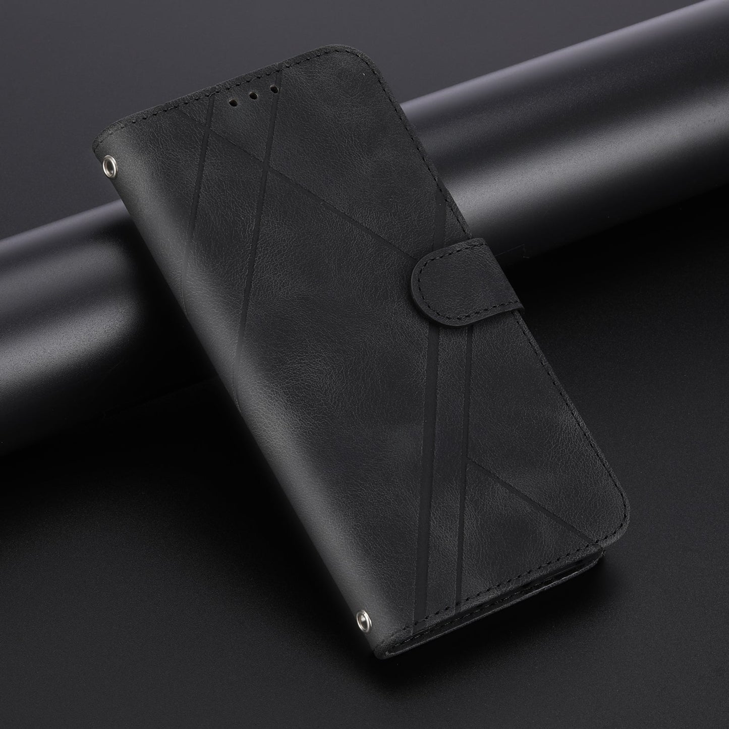 For iPhone 16e Embossed Line Leather Phone Case with Lanyard(Black)