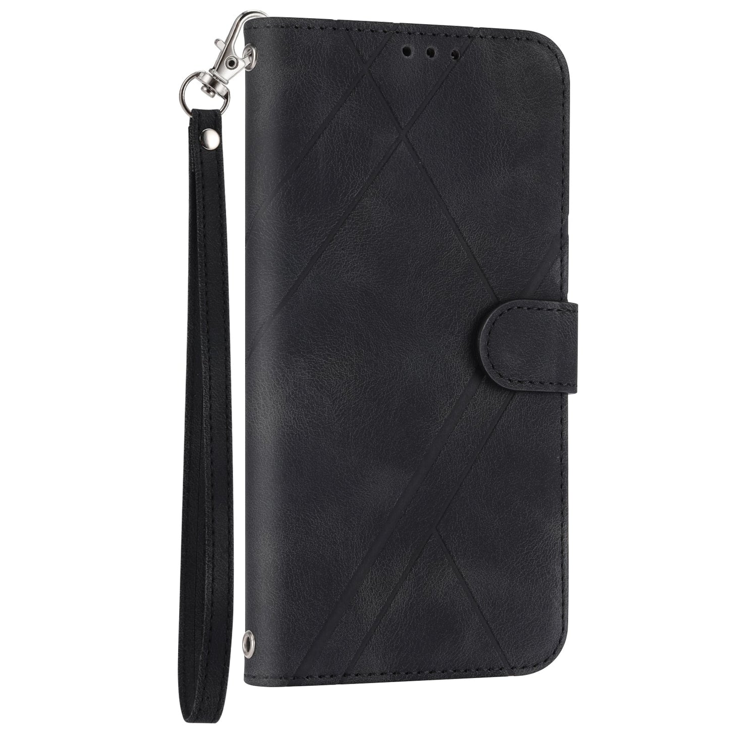 For iPhone 16e Embossed Line Leather Phone Case with Lanyard(Black)