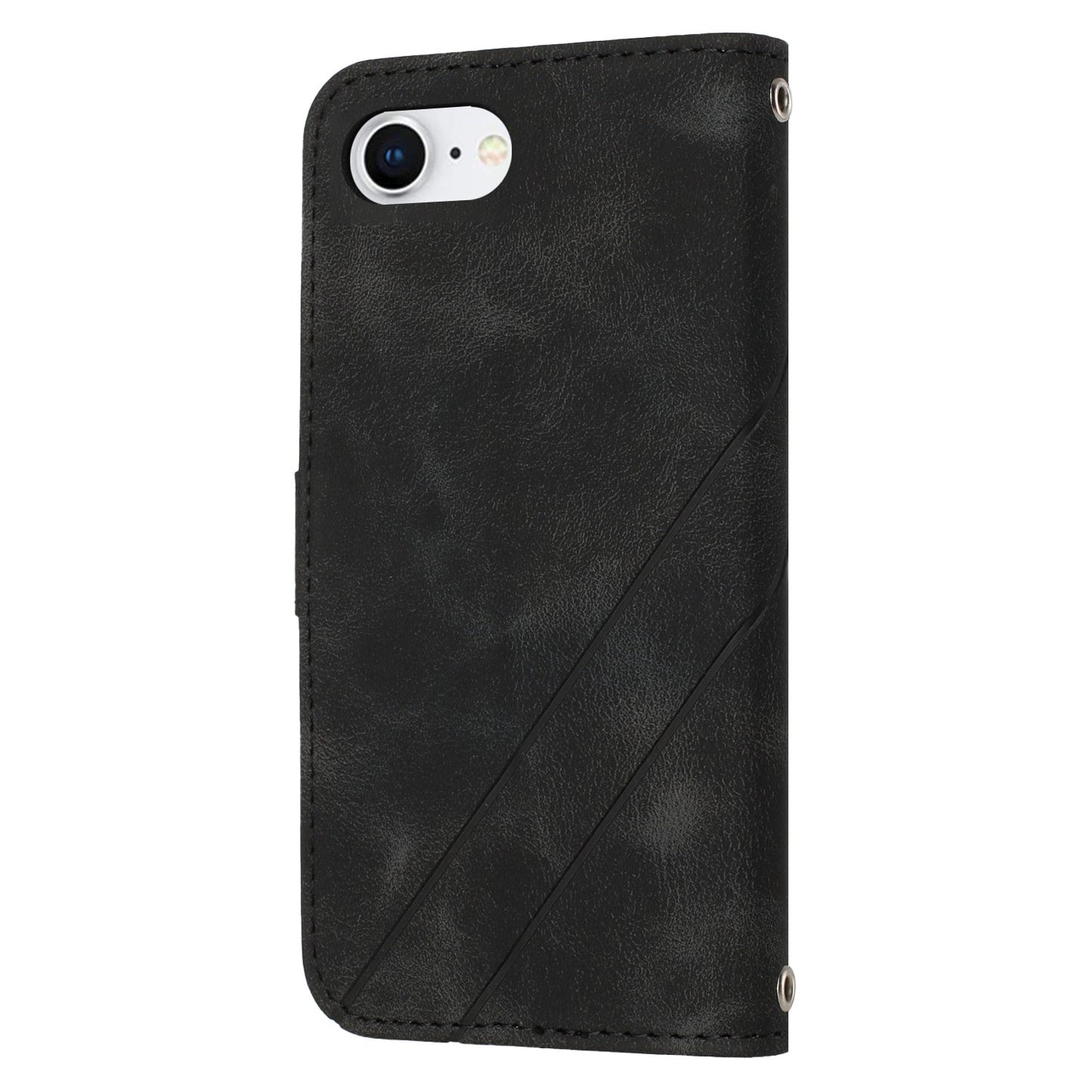 For iPhone 16e Embossed Line Leather Phone Case with Lanyard(Black)