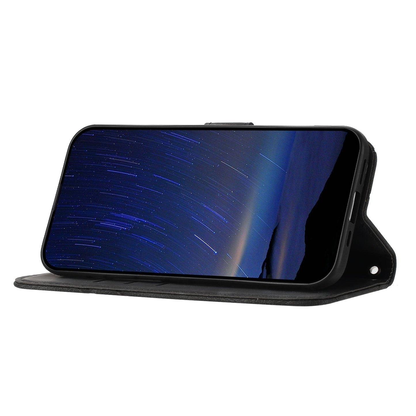 For iPhone 16e Embossed Line Leather Phone Case with Lanyard(Black)