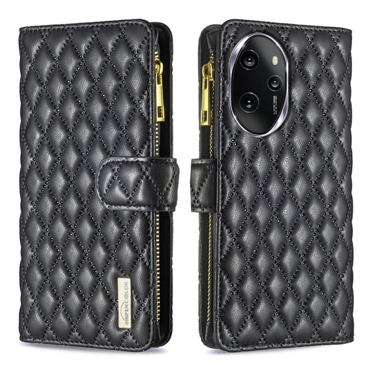 For Honor 100 Pro Diamond Lattice Zipper Wallet Leather Flip Phone Case(Black)