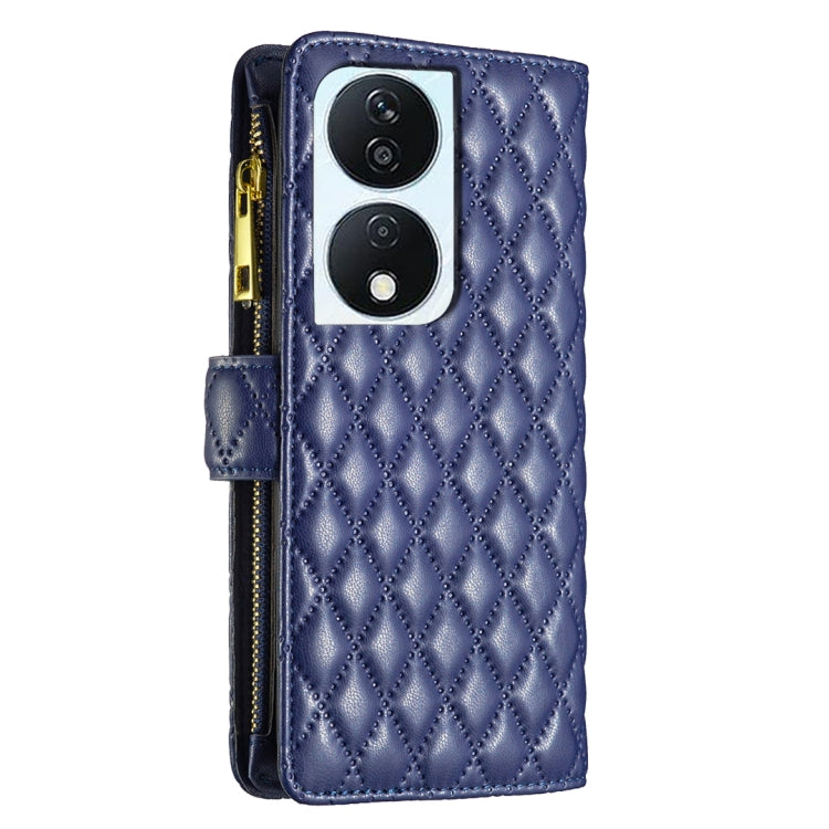 For Honor X7b Diamond Lattice Zipper Wallet Leather Flip Phone Case(Blue)