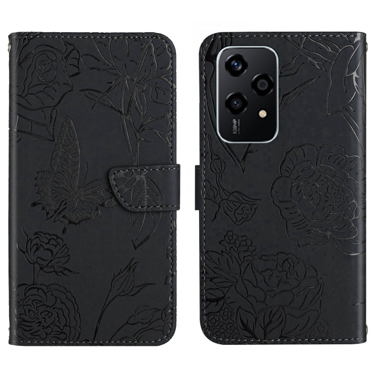 For Honor 200 Lite Global HT03 Skin Feel Butterfly Embossed Flip Leather Phone Case(Black)