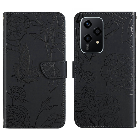 For Honor 200 Lite Global HT03 Skin Feel Butterfly Embossed Flip Leather Phone Case(Black)