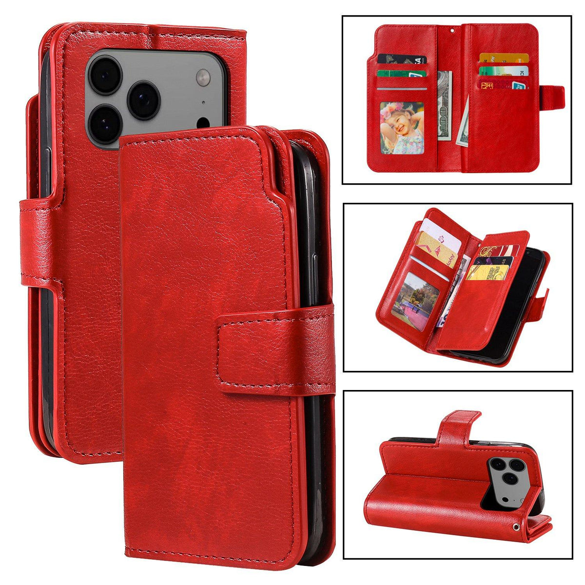 Compatible with iPhone 18 Pro Max Tri-Fold 9-Card Wallets Leather Phone Case - Red