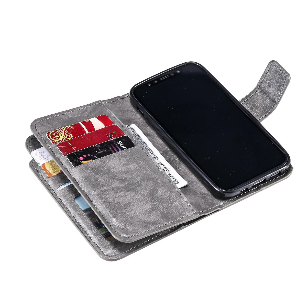 Compatible with iPhone 18 Pro Max Tri-Fold 9-Card Wallets Leather Phone Case - Grey