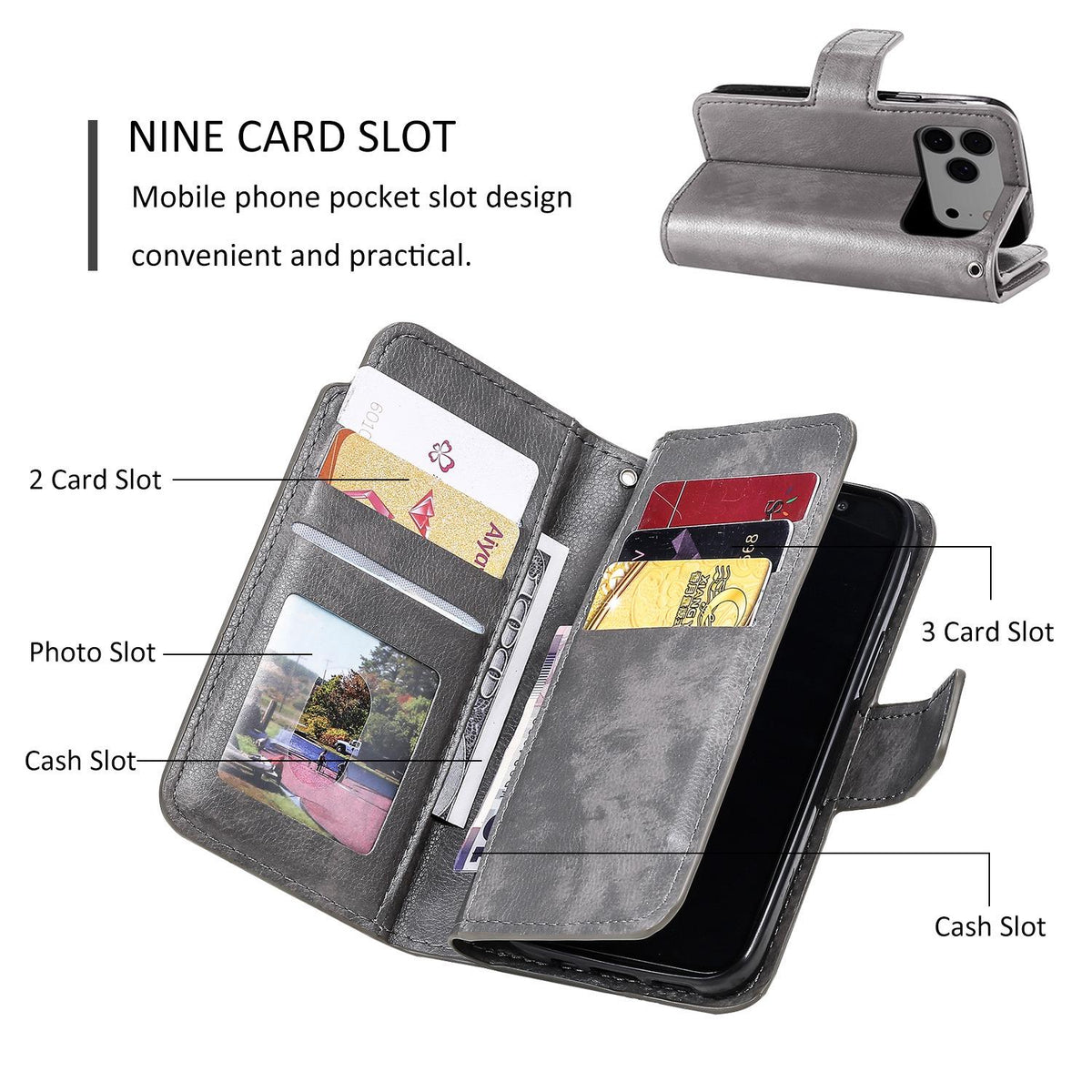 Compatible with iPhone 18 Pro Max Tri-Fold 9-Card Wallets Leather Phone Case - Grey
