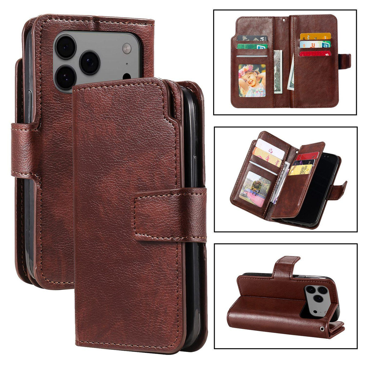 Compatible with iPhone 18 Pro Max Tri-Fold 9-Card Wallets Leather Phone Case - Brown
