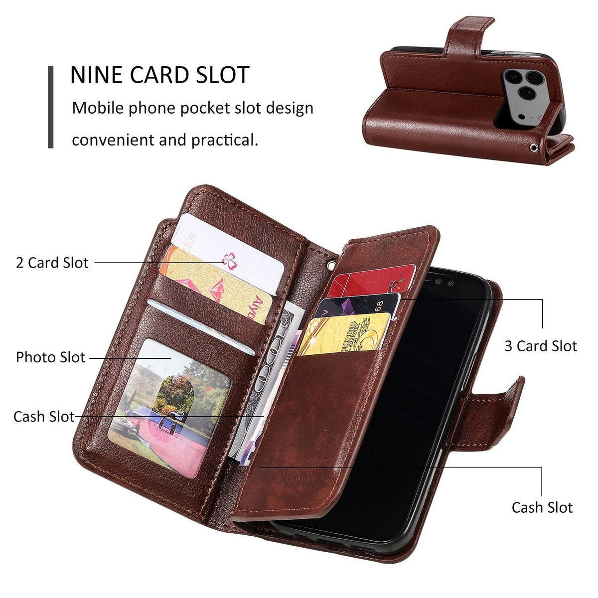 Compatible with iPhone 18 Pro Max Tri-Fold 9-Card Wallets Leather Phone Case - Brown