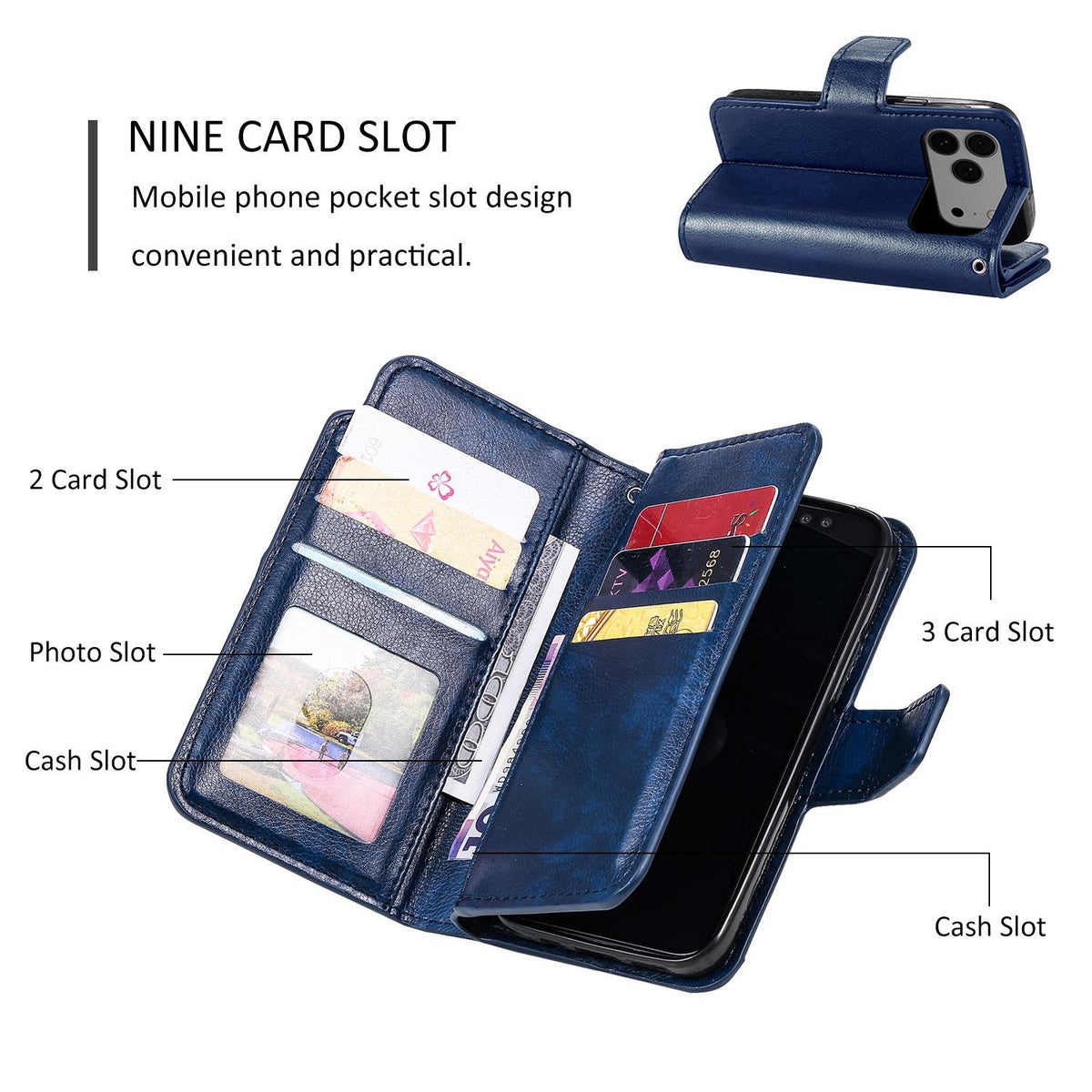 Compatible with iPhone 18 Pro Max Tri-Fold 9-Card Wallets Leather Phone Case - Blue