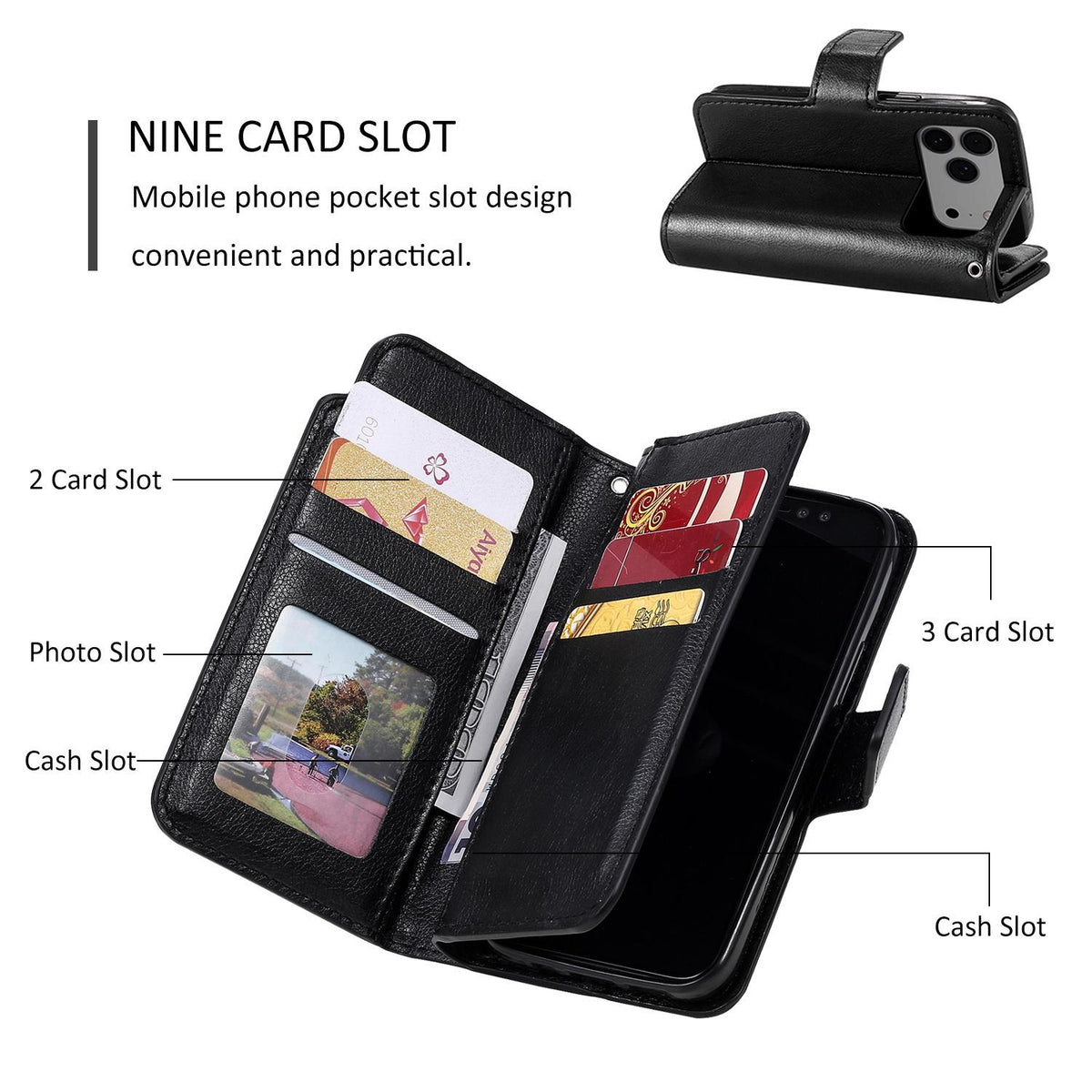 Compatible with iPhone 18 Pro Max Tri-Fold 9-Card Wallets Leather Phone Case - Black