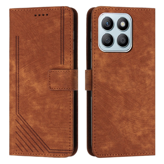 For Honor X8b Skin Feel Stripe Pattern Leather Phone Case with Lanyard(Brown)