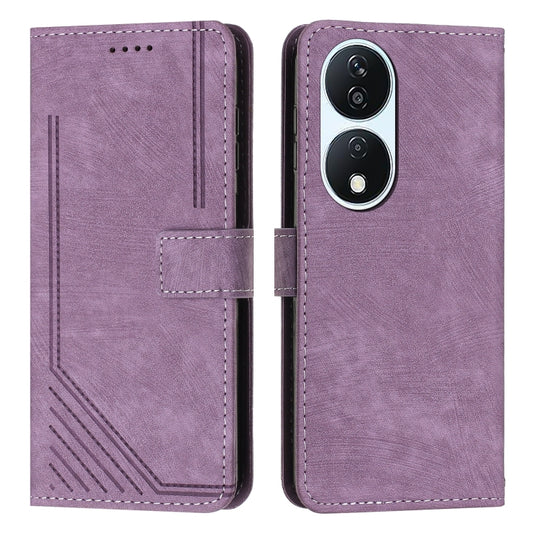 For Honor X7b Skin Feel Stripe Pattern Leather Phone Case with Lanyard(Purple)