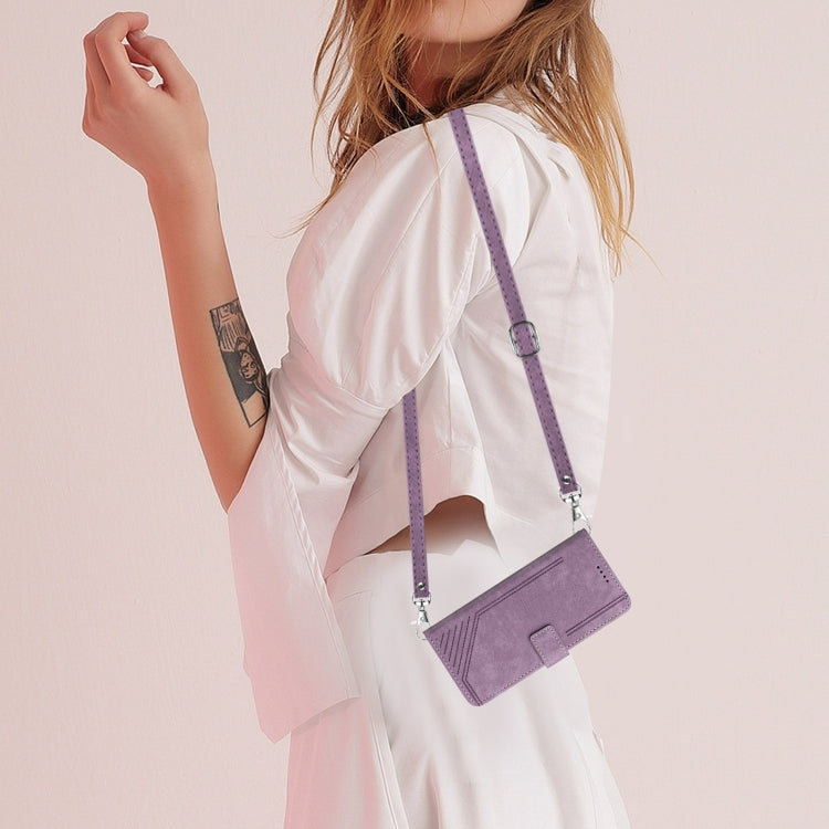 For Honor X7b Skin Feel Stripe Pattern Leather Phone Case with Lanyard(Purple)