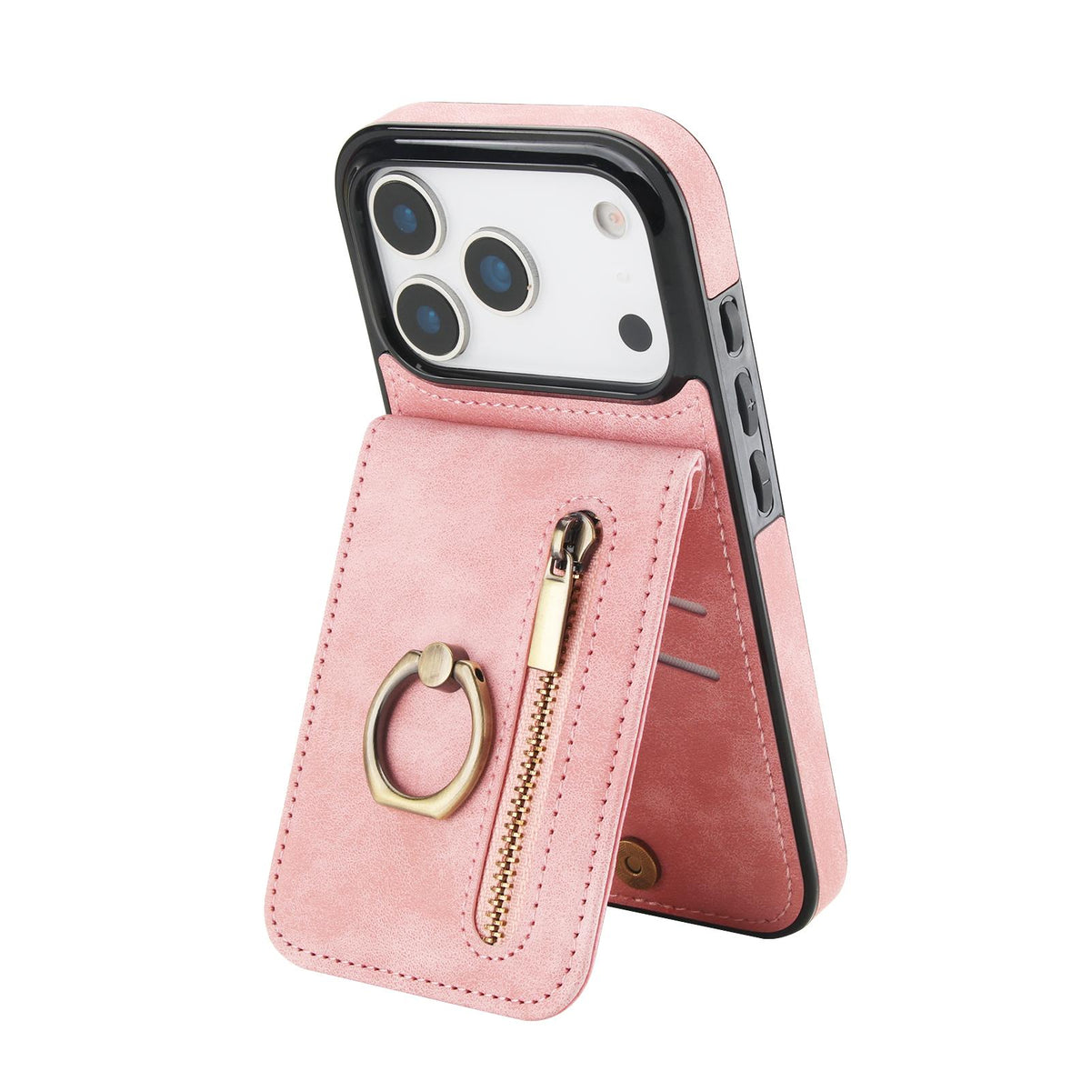 Compatible with iPhone 18 Pro Max & 17 Pro Max Retro Ring and Zipper RFID Card Slot Phone Case - Pink