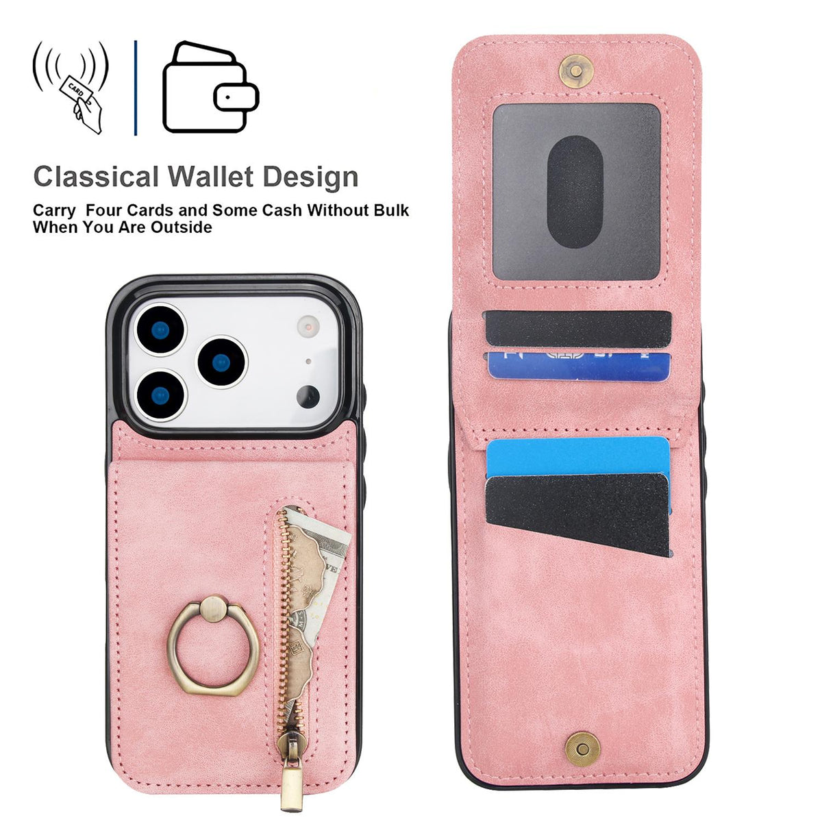 Compatible with iPhone 18 Pro Max & 17 Pro Max Retro Ring and Zipper RFID Card Slot Phone Case - Pink