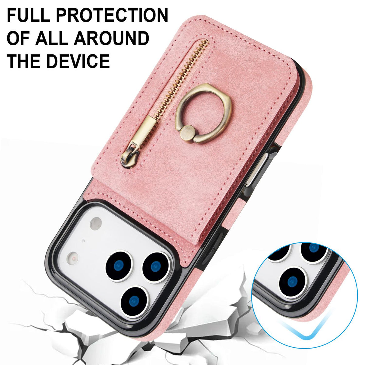 Compatible with iPhone 18 Pro Max & 17 Pro Max Retro Ring and Zipper RFID Card Slot Phone Case - Pink