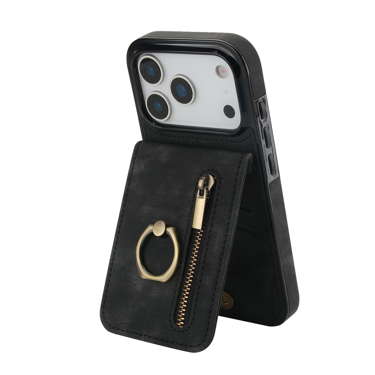 Compatible with iPhone 18 Pro Max & 17 Pro Max Retro Ring and Zipper RFID Card Slot Phone Case - Black