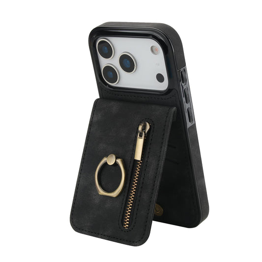 Compatible with iPhone 18 Pro Max & 17 Pro Max Retro Ring and Zipper RFID Card Slot Phone Case - Black