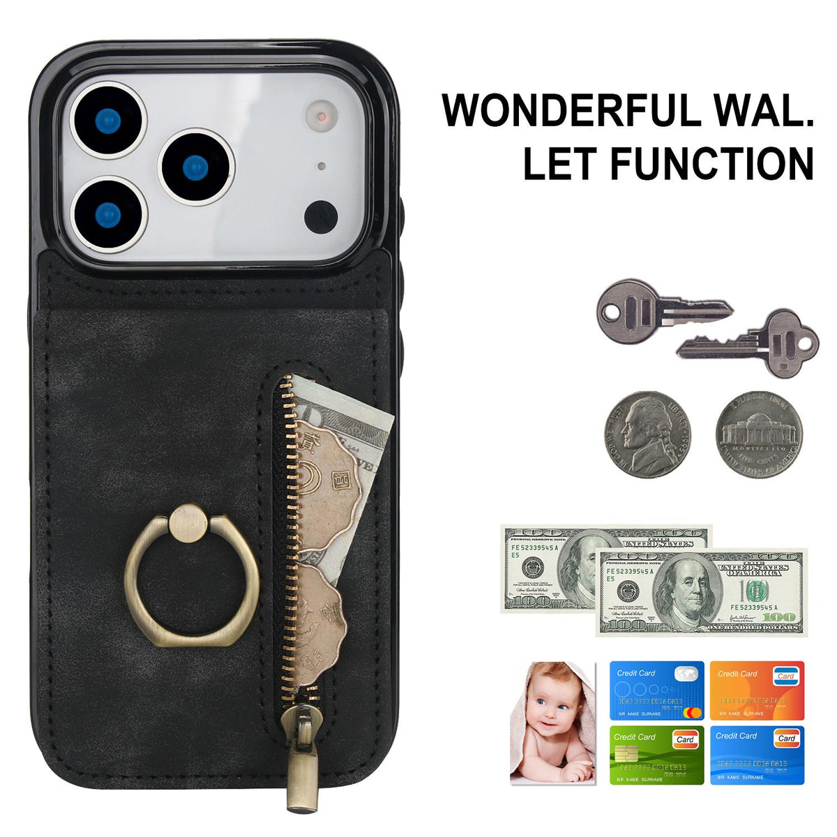 Compatible with iPhone 18 Pro Max & 17 Pro Max Retro Ring and Zipper RFID Card Slot Phone Case - Black