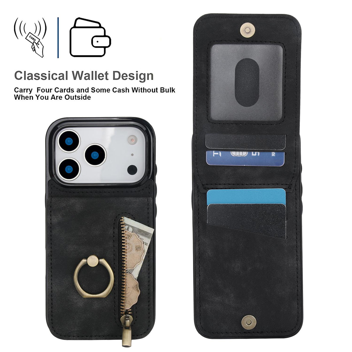 Compatible with iPhone 18 Pro Max & 17 Pro Max Retro Ring and Zipper RFID Card Slot Phone Case - Black