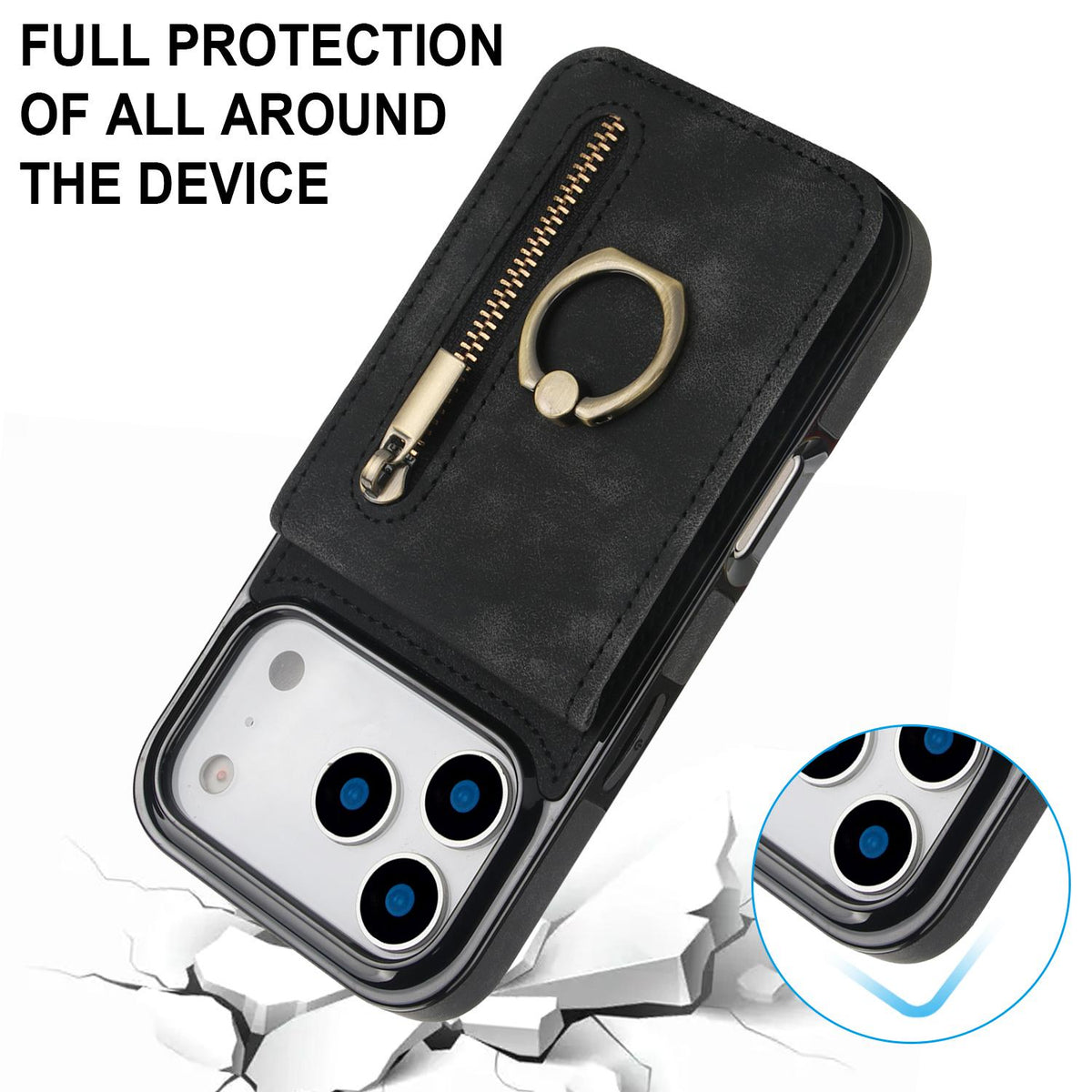 Compatible with iPhone 18 Pro Max & 17 Pro Max Retro Ring and Zipper RFID Card Slot Phone Case - Black