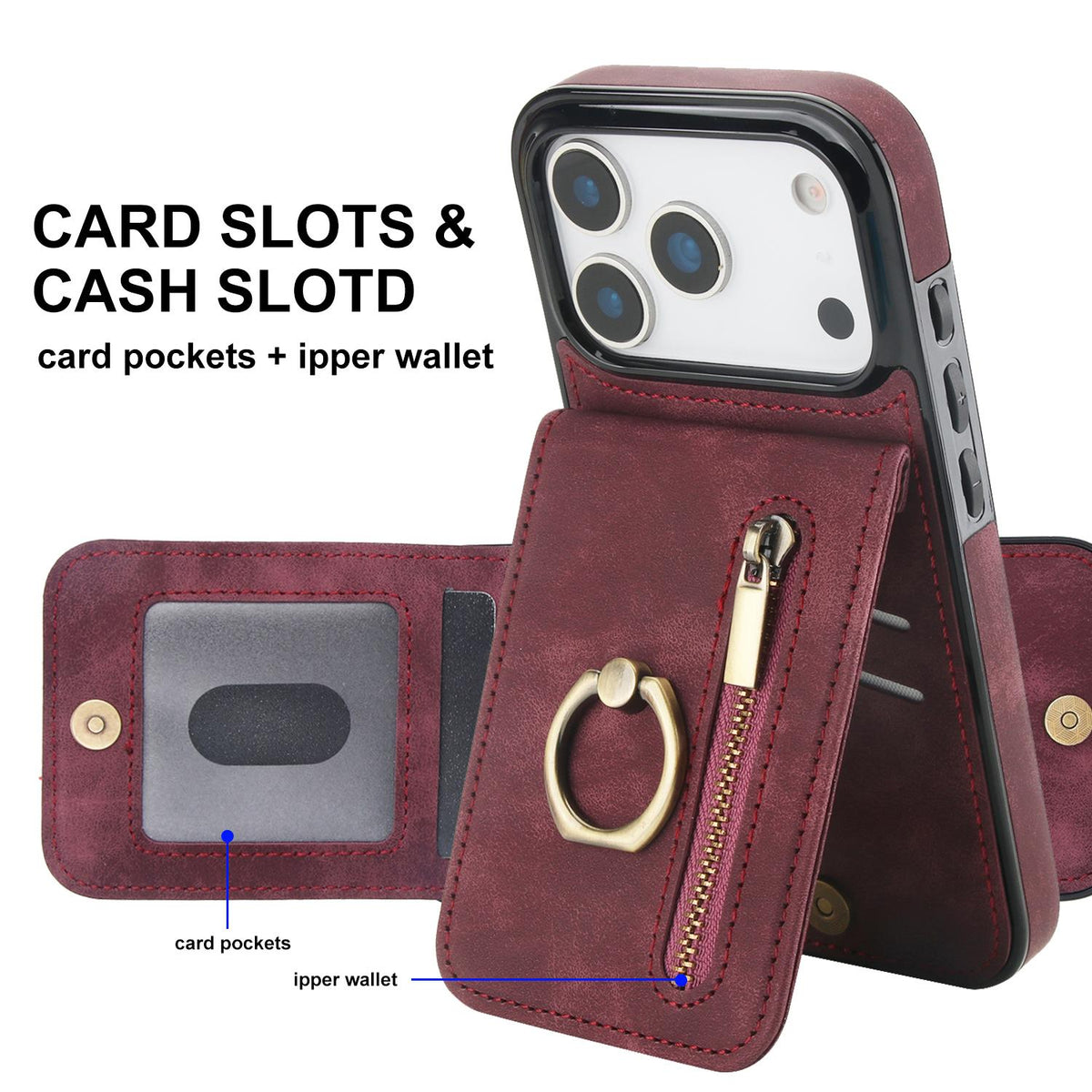Compatible with iPhone 18 Pro Max & 17 Pro Max Retro Ring and Zipper RFID Card Slot Phone Case - Wine Red