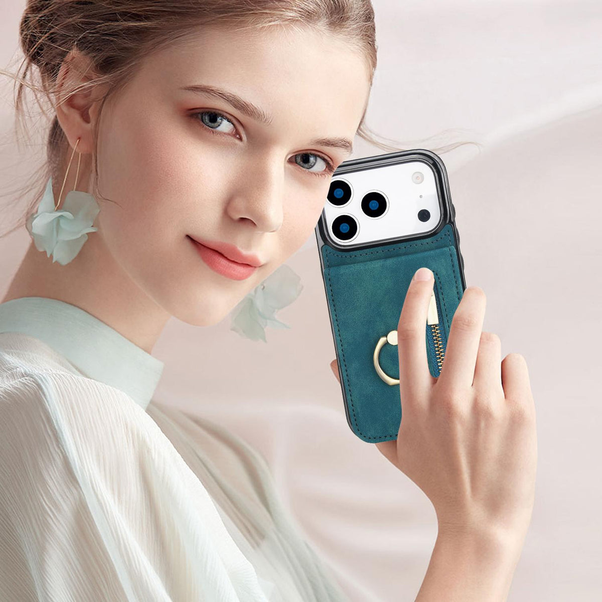 Compatible with iPhone 18 Pro Max & 17 Pro Max Retro Ring and Zipper RFID Card Slot Phone Case - Blue